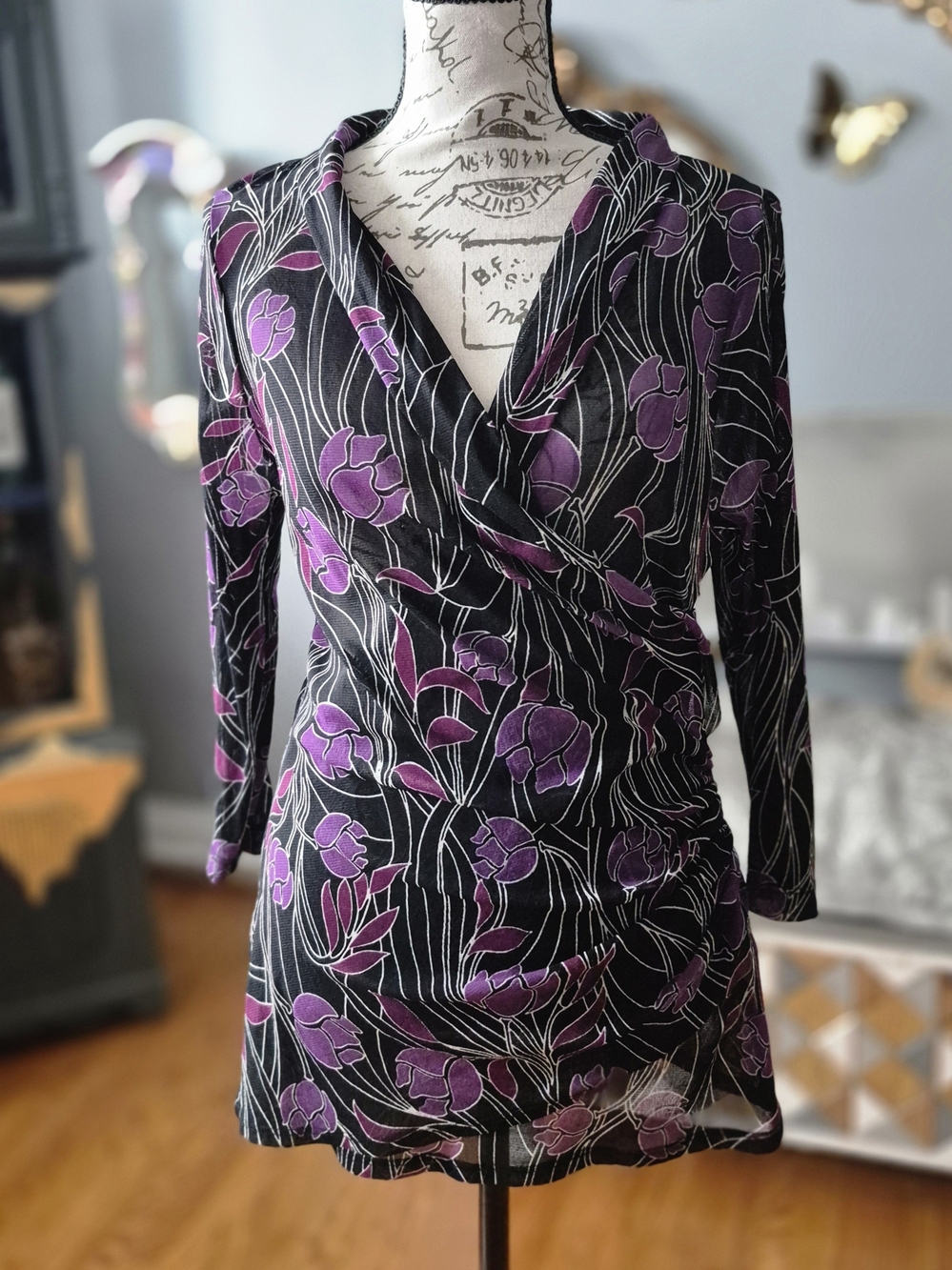 Dark Romantic Sheer Black Blouse with Purple Floral Print XL